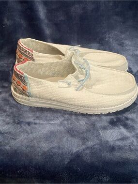Hey Dude Women's White Slip-On Sneakers with Multicolor Heel Accent
